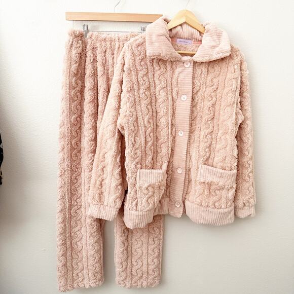 CHEIBEAR | Blush Light Pink Cableknit Style Fluffy Lounge Set Soft Plush | Large - Picture 2 of 11